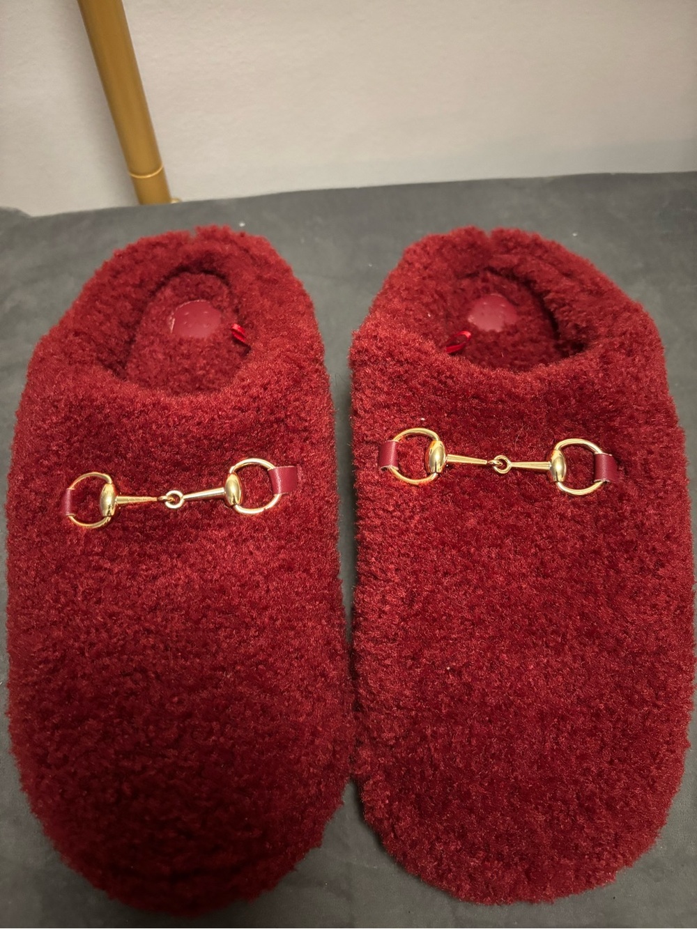 Cozy Red Plush Slip-On Loafers with Gold Bit Accent